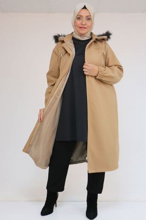 43087 Büyük Beden Kolları Lastikli Kapşonlu Kaşe Kaban - Taba