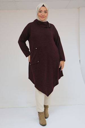 58100 Büyük Beden Yakkasında Fermuar Detaylı Mir Tunik - Mürdüm