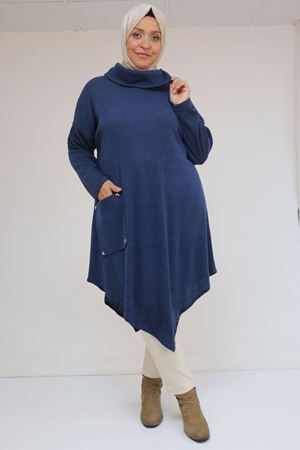 58100 Büyük Beden Yakkasında Fermuar Detaylı Mir Tunik - İndigo
