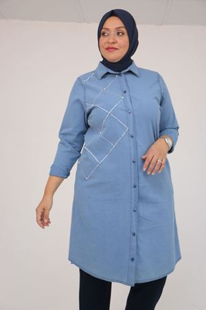 58123 Büyük Beden Önü Taş Detaylı Kot Düğmeli Tunik - Petekli