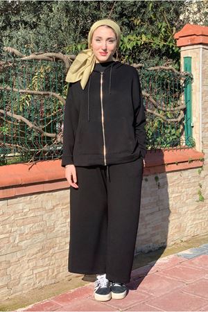 26K2257 - SİYAH - MODAL KUMAŞ  BOL PAÇA PANTOLONLU İKİLİ TAKIM