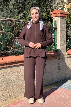 26K2257 - KAHVE - MODAL KUMAŞ  BOL PAÇA PANTOLONLU İKİLİ TAKIM