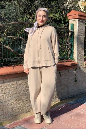 26K2257 - BEJ - MODAL KUMAŞ  BOL PAÇA PANTOLONLU İKİLİ TAKIM