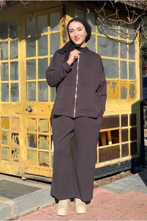 26K2257 - ANTRASİT - MODAL KUMAŞ  BOL PAÇA PANTOLONLU İKİLİ TAKIM