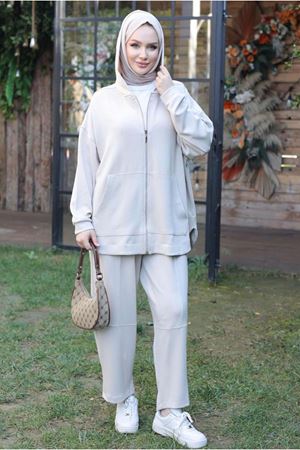 26K2235 - BEJ - MODAL KUMAŞ CEKETLİ TAKIM