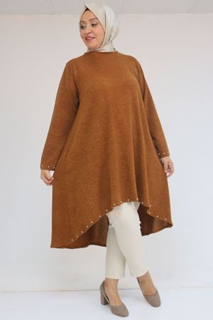 58124 Büyük Beden Eteği Ve Kolu Beyoğlu Detaylı Mir Tunik - Taba