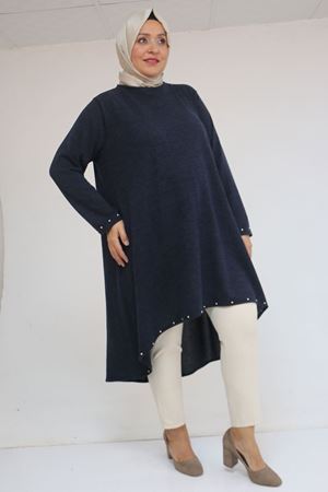 58124 Büyük Beden Eteği Ve Kolu Beyoğlu Detaylı Mir Tunik - Lacivert