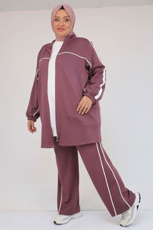 47082 Büyük Beden Kıstırma Biyeli Pantolonlu Modal Takım - Gül Kurusu