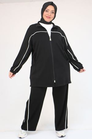 47082 Büyük Beden Kıstırma Biyeli Osyho Pantolonlu Takım - Siyah