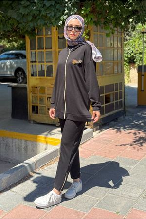 26K2241 - SİYAH - CEKETİ ÇİÇEKLİ MODAL İKİLİ TAKIM 