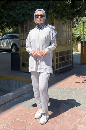 26K2241 - GRİ - CEKETİ ÇİÇEKLİ MODAL İKİLİ TAKIM