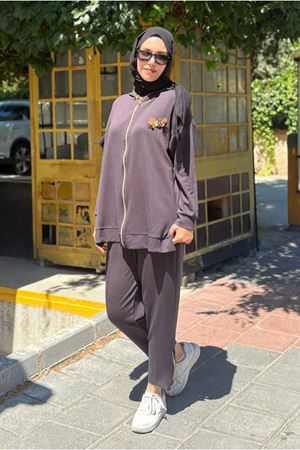 26K2241 - FÜME - CEKETİ ÇİÇEKLİ MODAL İKİLİ TAKIM 