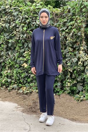 26K2241 - LACİVERT - CEKETİ ÇİÇEKLİ MODAL İKİLİ TAKIM