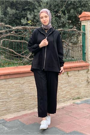 26K2264 - SİYAH  - CEKETİ FERMUARLI BASIC TAKIM