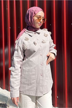 26K5325 - VİZON - NAKIŞI PÜSKÜLLÜ GABARDİN CEKET 