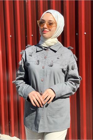 26K5325 - ANTRASİT - NAKIŞI PÜSKÜLLÜ GABARDİN CEKET