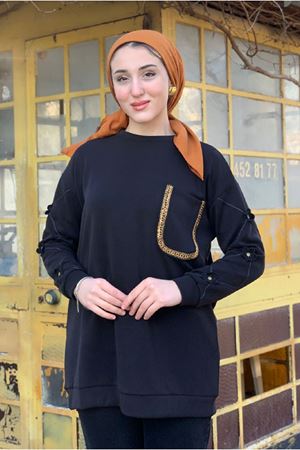 26K4446 - SİYAH - MODAL İŞLEMELİ CEPLİ TUNİK