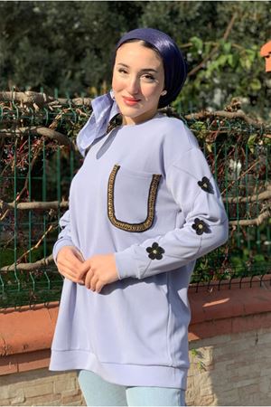 26K4446 - MAVİ - MODAL İŞLEMELİ CEPLİ TUNİK