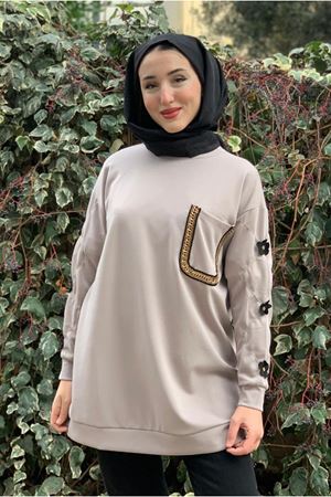 26K4446 - TAŞ - MODAL İŞLEMELİ CEPLİ TUNİK 