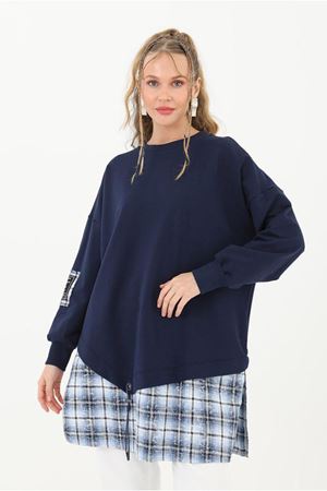 26K4429 - LACİVERT  - EKOSE DETAYLI SWEAT