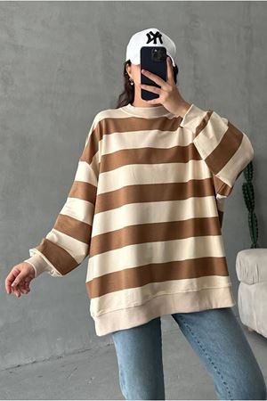 26K4426 -KAHVE - KALIN ÇİZGİLİ OVERSIZE SWEAT