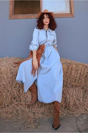 26K9225 - AÇIK MAVİ - BOYDAN FERMUARLI DENİM ELBİSE