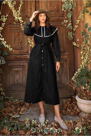 26K9258 - SİYAH- BEBE YAKA ELBİSE