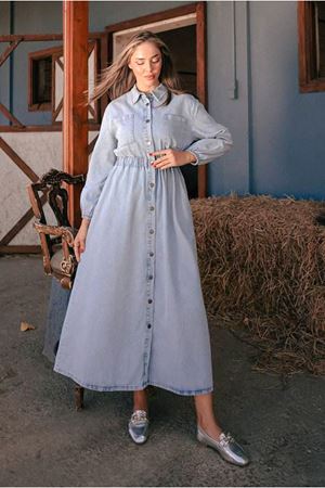 26K9218 - AÇIK MAVİ -  BELİ LASTİKLİ DENİM ELBİSE 