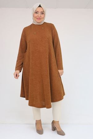 58118 Büyük Beden Çiçek Detaylı Mir Mevlana Tunik - Taba