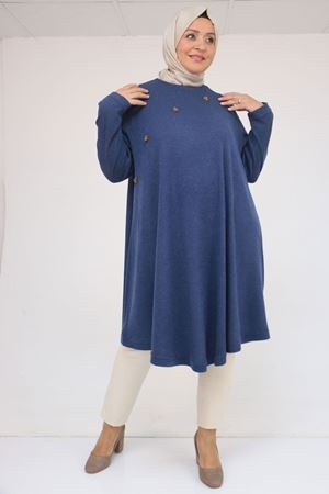 58118 Büyük Beden Çiçek Detaylı Mir Mevlana Tunik - İndigo