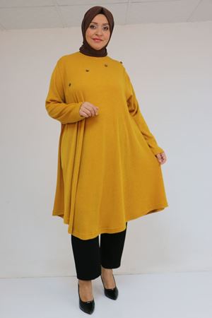 58118 Büyük Beden Çiçek Detaylı Mir Mevlana Tunik - Hardal
