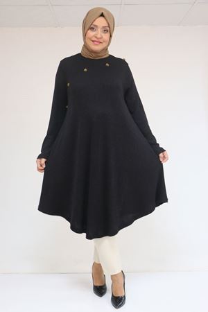 58118 Büyük Beden Çiçek Detaylı Mir Mevlana Tunik - Siyah