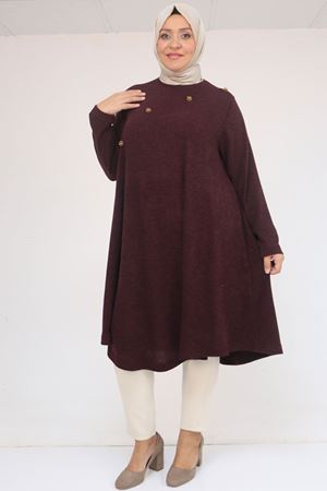 58118 Büyük Beden Çiçek Detaylı Mir Mevlana Tunik - Mürdüm