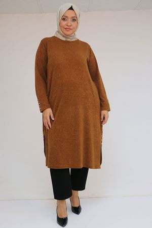 58109 Büyük Beden Patlı Düğmeli Mir Tunik - Taba