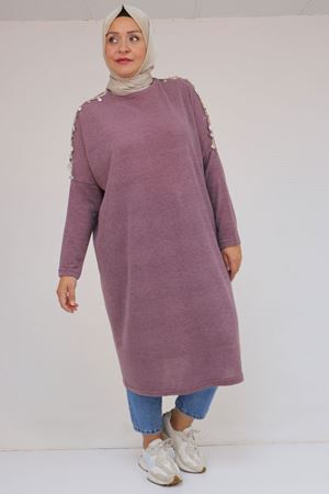 58112 Büyük Beden Omzu Aksesuar Detaylı Düşük Kol Tunik - Gül Kurusu