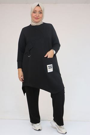 57041 Büyük Beden Cepte Arma Detaylı Modal Pantolonlu Takım - Siyah