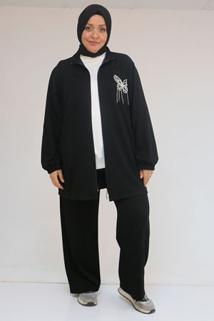 57057 Büyük Beden Fermuarlı Pantolonlu Modal Takım - Siyah