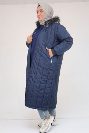 33093 Büyük Beden Kapişonlu Kapitone Ceket-Lacivert