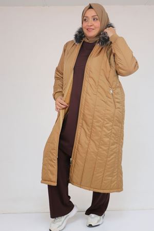 33093 Büyük Beden Kapişonlu Kapitone Ceket-Taba