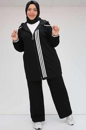 47058 Büyük Beden Şerit Detaylı Modal Pantolonlu Takım - Siyah