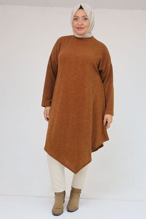 58144 Büyük Beden Hakim Yakalı Mir Tunik - Taba