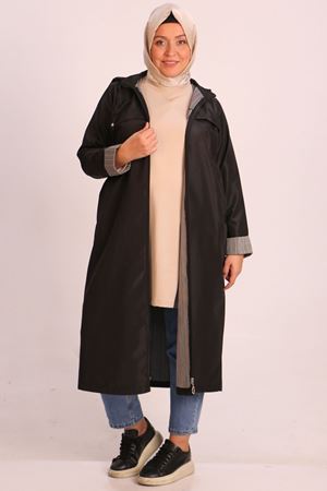 33068 Büyük Beden Kapüşonlu Bondit Kap-Siyah