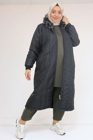 33093 Büyük Beden Kapişonlu Kapitone Ceket-Siyah