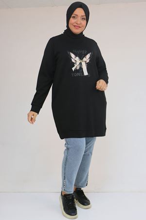 58145 Büyük Beden Kelebek Baskılı Modal Tunik - Siyah