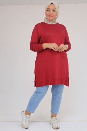 58120 Büyük Beden Manşetli Çilek Tunik - Bordo