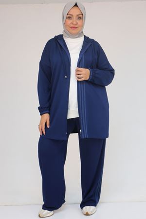 57056 Büyük Beden Renge Renk Garnili Modal Pantolonlu Takım - İndigo