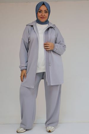 57056 Büyük Beden Renge Renk Garnili Modal Pantolonlu Takım - Gri