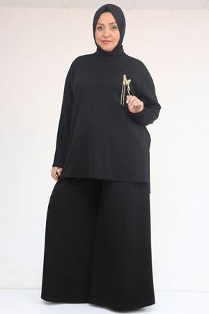57043 Büyük Beden Yanı Yırtmaçlı Modal Pantolonlu Takım - Siyah