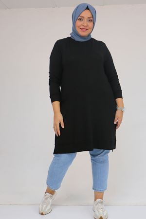 58120 Büyük Beden Manşetli Çilek Tunik - Siyah