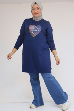 58141 Büyük Beden Önünde Kalp Baskılı Modal Tunik - İndigo